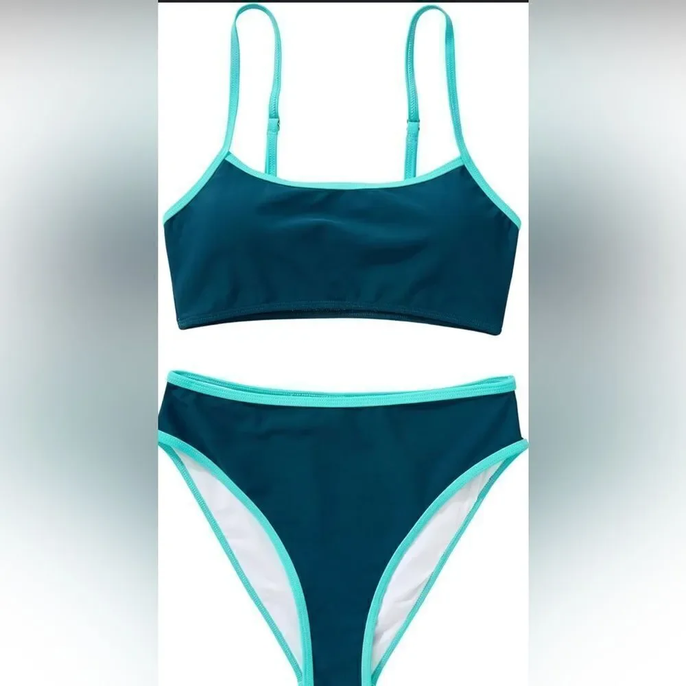 SUUKSESS High Waisted 2 Piece Cheeky High Cut Bandeau Swimsuit navy/aqua